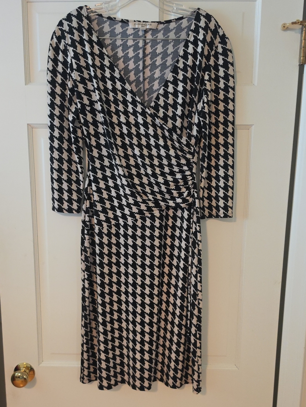 Evan Picone Black and White Houndstooth Wrap-Style Midi Dress